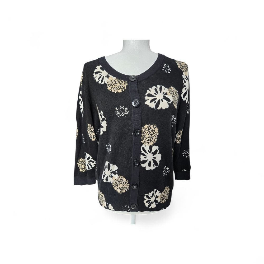 Designers Originals Floral Cardigan Sweater Black Cream Tan Size XL 3/4 Sleeve